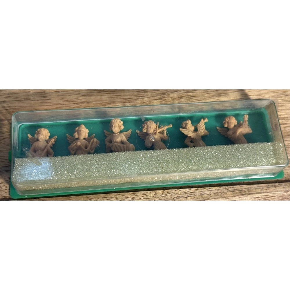 Vintage Miniature Hard Plastic Angel Set Of 6 Musician Figurines In Case Germany